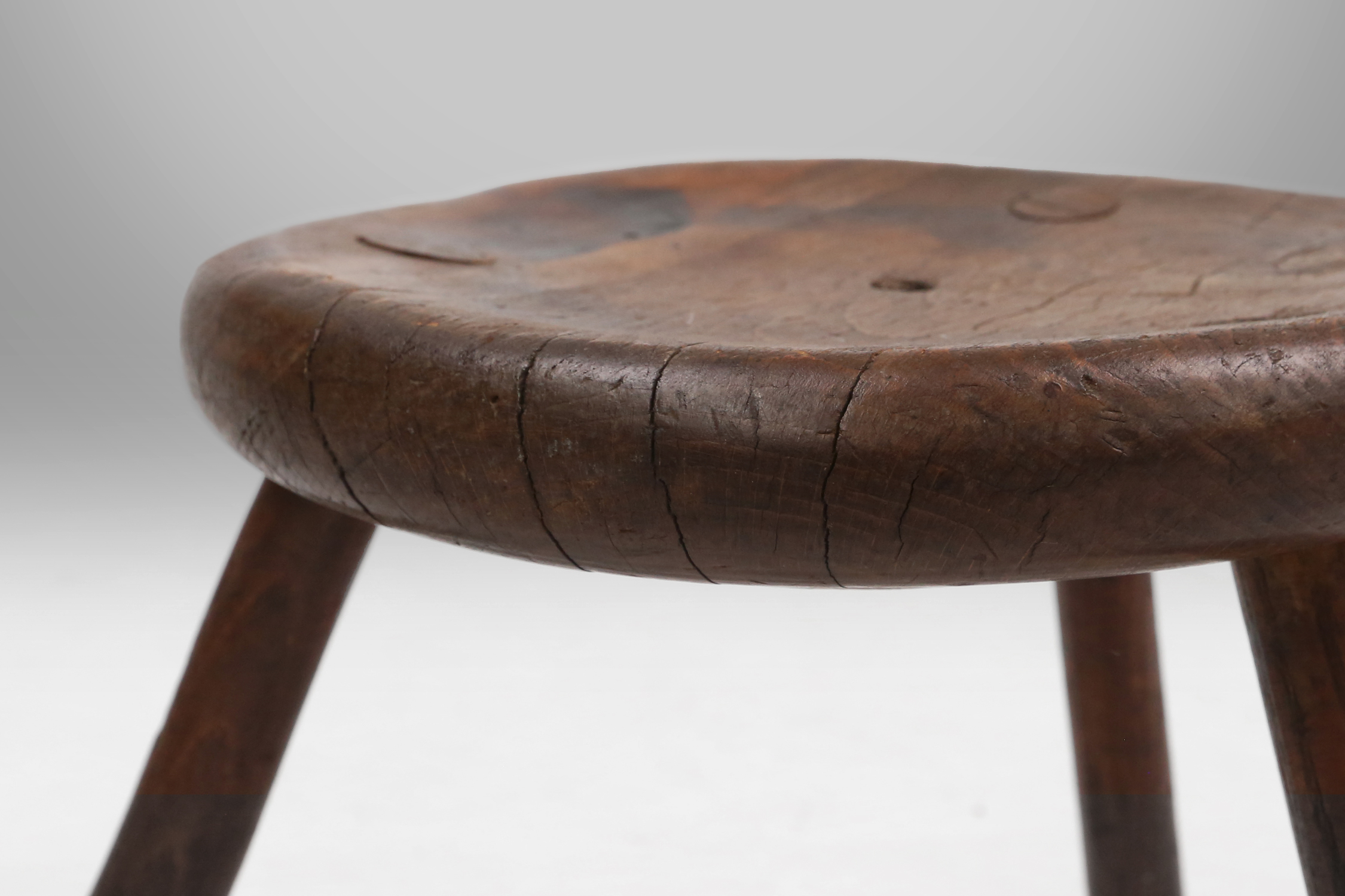 Hand-carved solid wood tripod stool with beautiful patina, France ca. 1900thumbnail